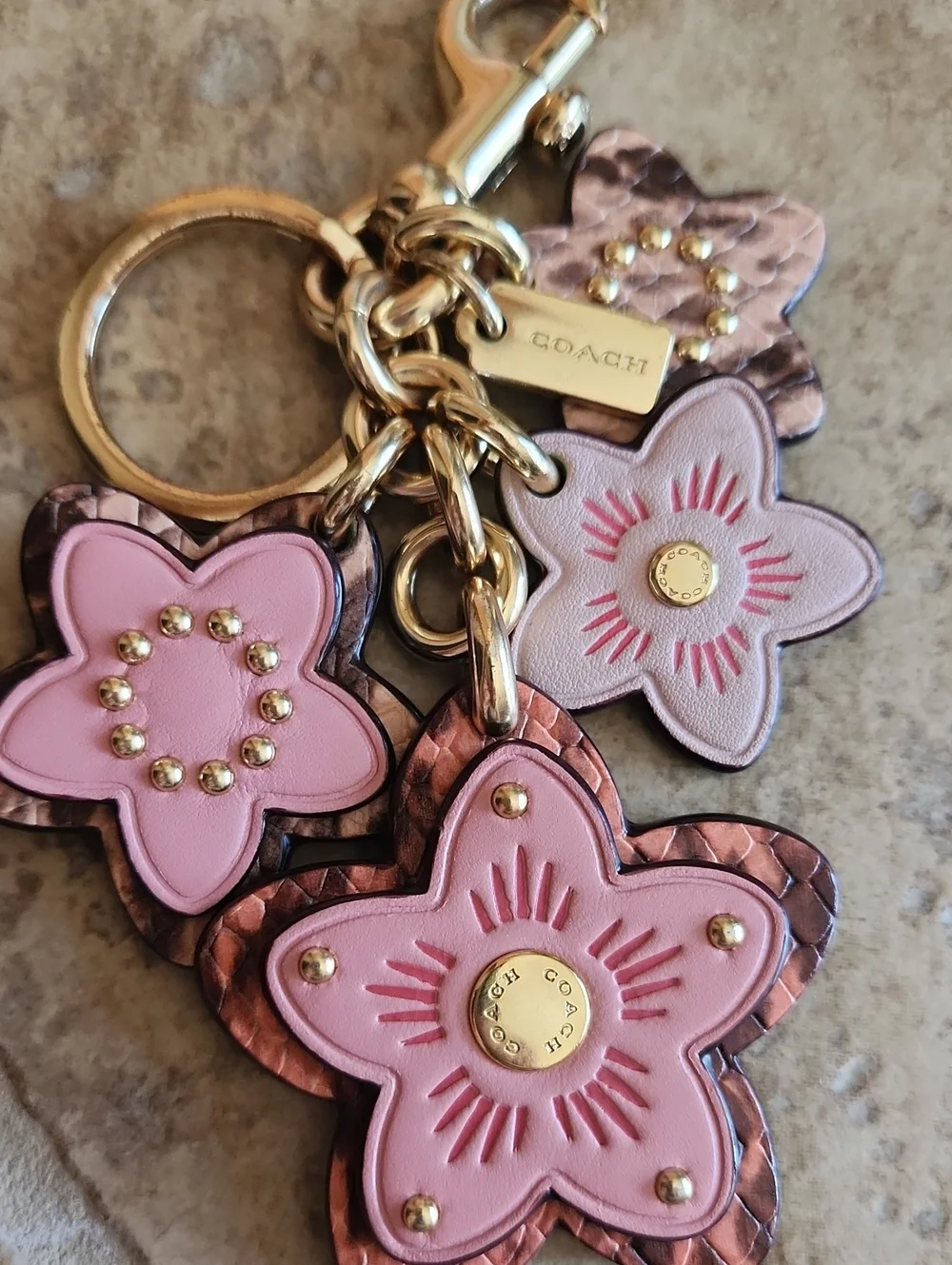 COACH Wildflower Pink Floral Leather Key/purse Charm with Gold Hardware